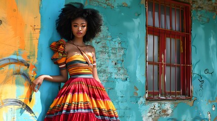 model showcases a vibrant array of colorful couture against an urban backdrop alive with graffiti and street art. Let each frame tell a story of urban chic and eclectic style - obrazy, fototapety, plakaty