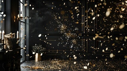 Elegant photo studio decorated with confetti on a sophisticated black background generative ai
