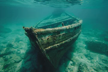 Fotobehang A shipwreck is seen in the ocean with a lot of debris and fish swimming around it. Scene is eerie and mysterious, as the ship is long gone and the ocean is filled with life © Yuliia