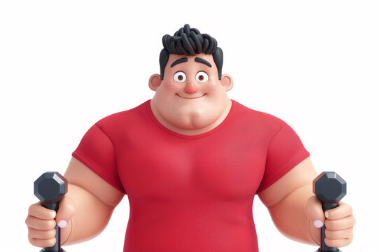Handsome cartoon fit character man in red t-shirt make exercise with dumbbell isolated over white background. 