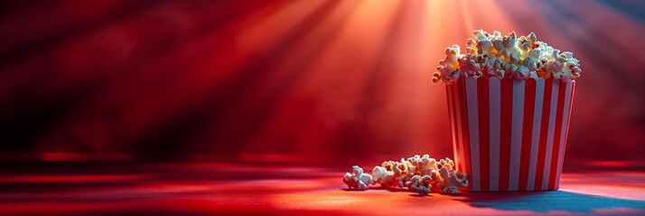 Glass with popcorn on a red background close-up