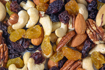 background with a cashew, hazelnuts, raisins and peanuts. Mixed nuts and raisins texture.8
