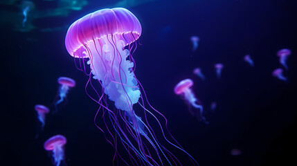 Obraz premium Beautiful glowing jellyfish in the depths, concept of underwater world and marine ecology