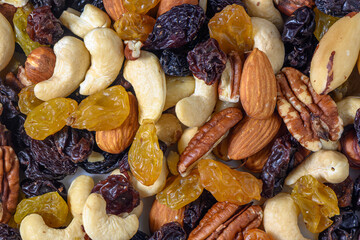 background with a cashew, hazelnuts, raisins and peanuts. Mixed nuts and raisins texture.7