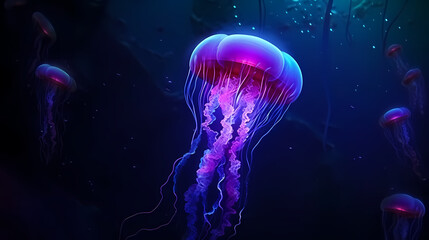 Beautiful glowing jellyfish in the depths, concept of underwater world and marine ecology