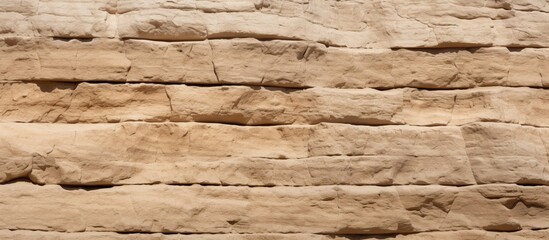 A close up of a bedrock brick wall made of natural brown and beige building materials, resembling a wood landscape outcrop