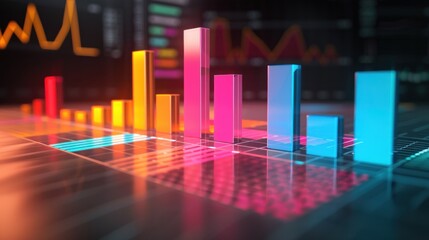 Orange, pink, and blue performance charts come against a sleek dark backdrop, showcasing key metrics and data points. - obrazy, fototapety, plakaty
