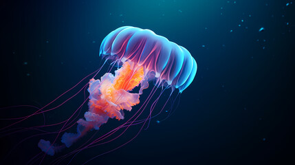 Fototapeta premium Beautiful glowing jellyfish in the depths, concept of underwater world and marine ecology