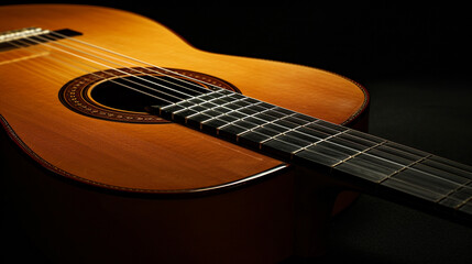 Classical guitar close up, dramatically lit on a black background with copy space. Generative Ai