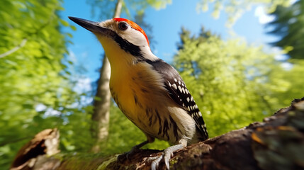 Close-Up of a Woodpecker Perched on a Tree in the Forest.