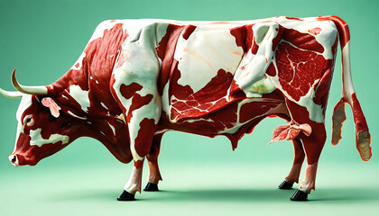 Concept marbled meat beef. Grass fed beef. Cow made up of beef pieces. - obrazy, fototapety, plakaty