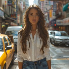 urban exploration as our model navigates the city streets in effortlessly stylish shirts and jeans, capturing the essence of modern sophistication amidst the architectural marvels of the metropolis