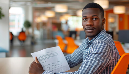 A dark-skinned man in an office showing papers to his interlocutor, paperwork in a team setting
