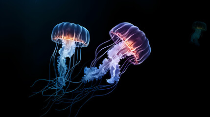 Naklejka premium Beautiful glowing jellyfish in the depths, concept of underwater world and marine ecology