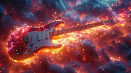 An electric guitar stands surrounded by a cosmic scene filled with twinkling stars. - obrazy, fototapety, plakaty