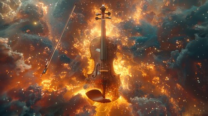 A violin in mid-air against a sky background.