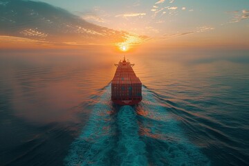 A large cargo ship is sailing through the ocean with the sun setting in the background. The ship is the main focus of the image, and the sun's reflection on the water creates a serene - obrazy, fototapety, plakaty
