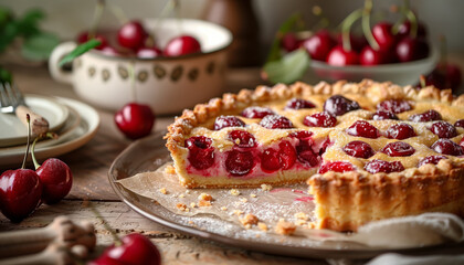 Delicious cherry pie on the table next to a fresh berries cut slice