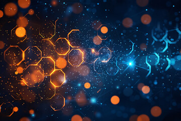 digital hexagonal molecular structures on a blue bokeh background - obrazy, fototapety, plakaty