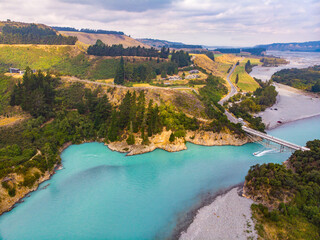 aerial panorama of unique rakaia gorge in canterbury, new zealand south island; 