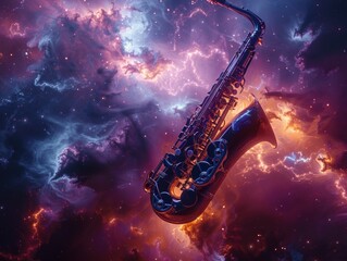 A saxophone placed in a space filled with glittering stars and galaxies, creating a striking...
