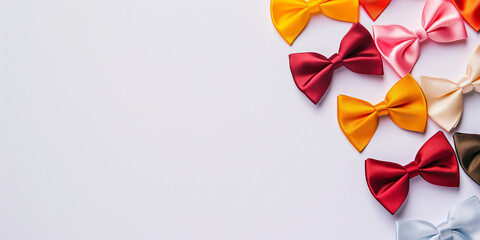 Colorful Assortment of Bows on White Background for Crafting and Fashion, banner with copy space