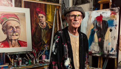 Fototapeta premium Elderly Artist in Studio with Splattered Apron Surrounded by Artworks