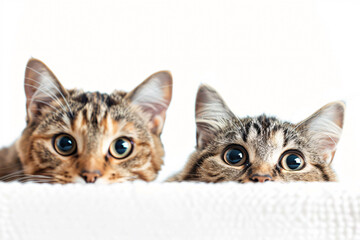 Two brown tabby cats peeking over edge on white background - obrazy, fototapety, plakaty