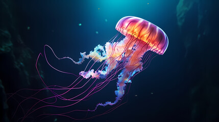 Obraz premium Beautiful glowing jellyfish in the depths, concept of underwater world and marine ecology