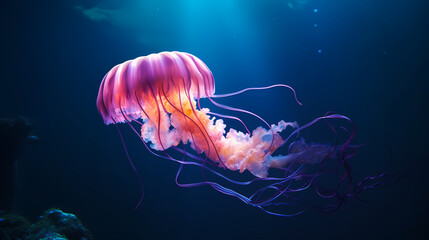 Obraz premium Beautiful glowing jellyfish in the depths, concept of underwater world and marine ecology