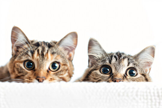 Two brown tabby cats peeking over edge on white background
