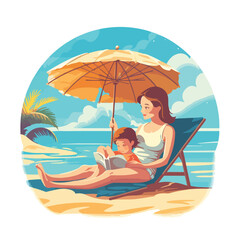 Obraz na płótnie Canvas Mother with baby lying on lounger at ocean or sea b