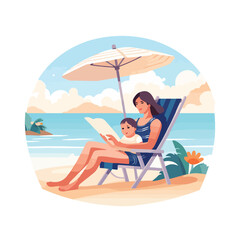 Mother with baby lying on lounger at ocean or sea b