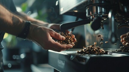 Cropped shot of a man's hands holding freshly roastd aromatic coffee beans over a modern machine...