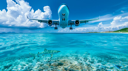 Fototapeta premium Airplane Landing Above Shark in Clear Ocean Waters