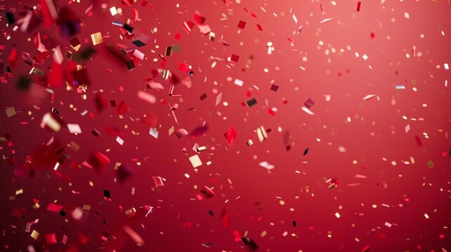 Festive red background decorated with confetti in the photo studio generative ai