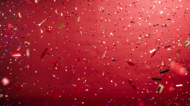 Festive red background decorated with confetti in the photo studio generative ai
