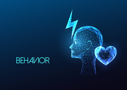 Human behavior, emotional responce futuristic concept with human head, lightning and heart symbols