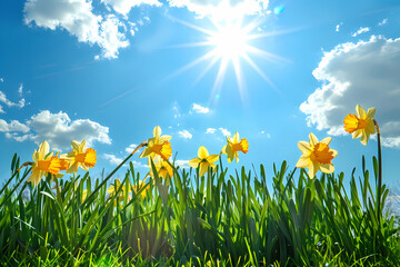 yellow daffodils over green grass under blue sky