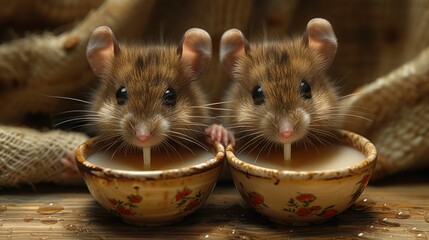 a couple of mice sitting inside of a cup on top of a wooden table in front of a pair of hands.
