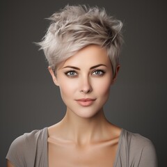 Photo of a Lovely white woman, both mature and young, captured in a studio setting, each looking separately into the camera against a gray background, sporting a pixie cut hairstyle