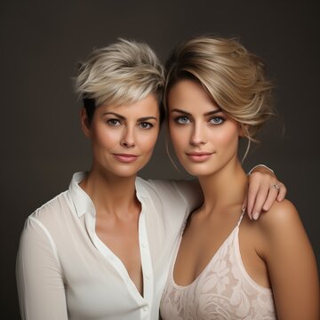 Studio snapshot portraying a Beautiful white woman, encompassing both mature and youthful features, posing individually for the camera against a gray backdrop, with a stylish pixie cut