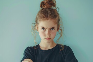 Photo of a stubborn teenage girl on white background. Concept of adolescence, transition period, puberty, hormonal changes, psychological problems of children, teenagers, young generation. - obrazy, fototapety, plakaty