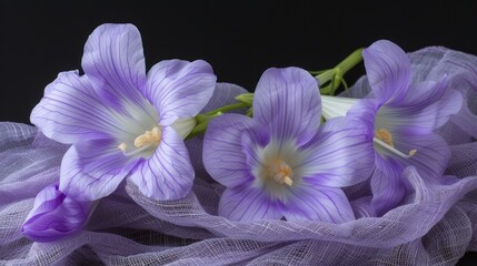 a group of purple flowers sitting on top of a bed of purple tulle next to a white flower on top of a table.