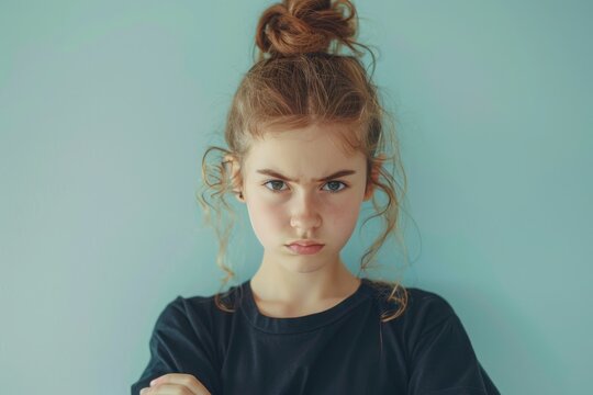 Photo of a stubborn teenage girl on white background. Concept of adolescence, transition period, puberty, hormonal changes, psychological problems of children, teenagers, young generation.