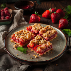 strawberry crumble cake on a plate on a wooden table with a napkin - 759282390