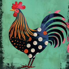 Funny card for birthday. Portrait of rooster on bright green background - 759283311