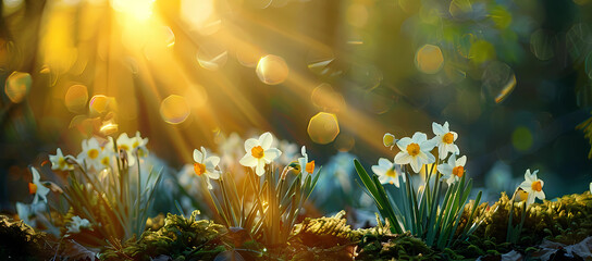 spring flowers white narcissus with golden sun - obrazy, fototapety, plakaty