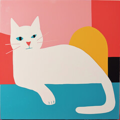 Funny card for birthday. Portrait of white cat on bright pink and blue color background