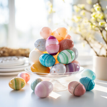 Traditional Easter painted eggs prepared for the celebration of Easter are on the wooden table with willow branch